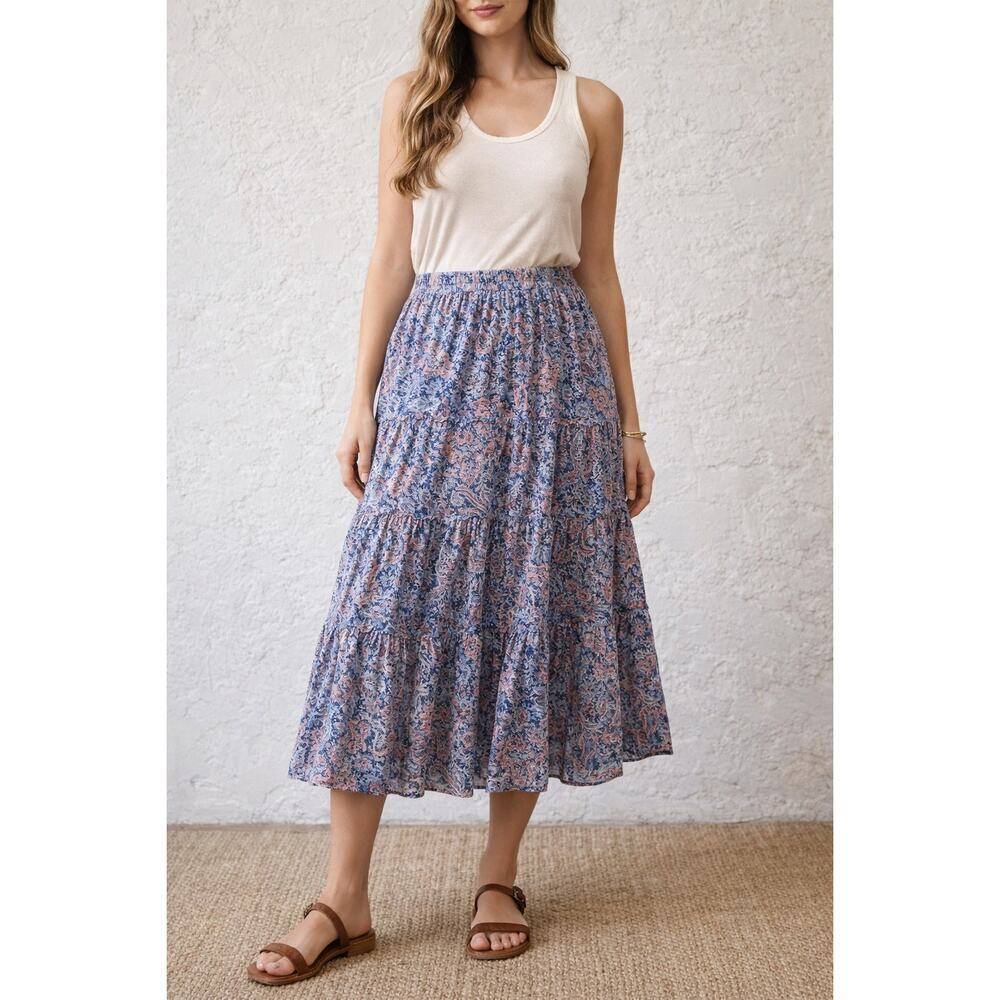 Chaps Denim Blue Paisley Boho Midi Skirt | Tiered Flowey Cotton Skirt | Size S